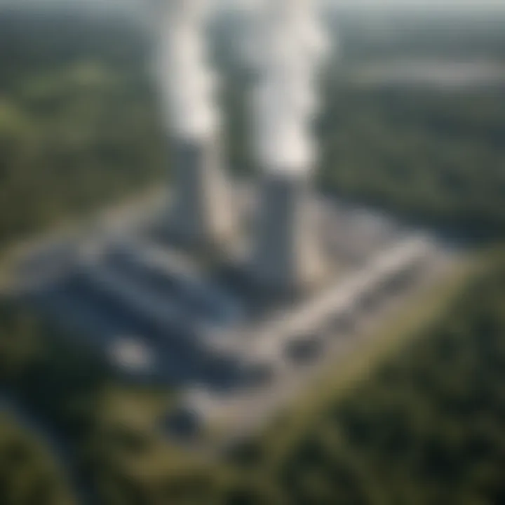 Aerial view of a nuclear power plant surrounded by lush greenery