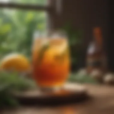 A serene setting depicting a glass of kombucha surrounded by herbs and spices, symbolizing holistic health