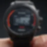 A close-up view of a blood sugar monitor watch displaying glucose levels