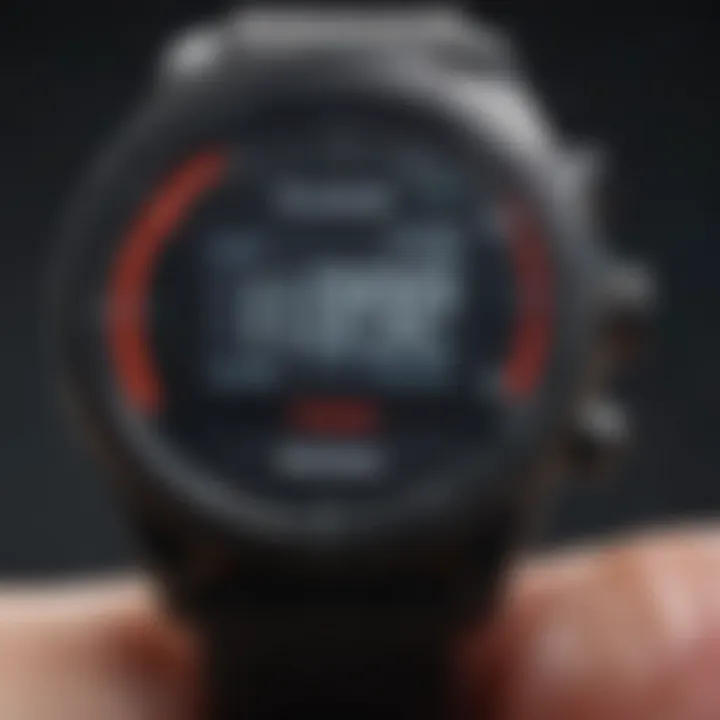 A close-up view of a blood sugar monitor watch displaying glucose levels