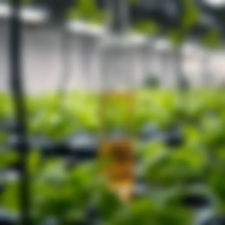 Close-up of nutrient solution being tested for pH and nutrient levels in a hydroponic setup