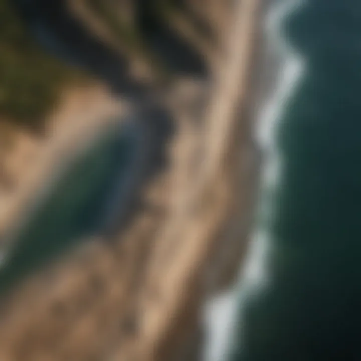 Aerial view of a dynamic coastline showcasing erosion and sediment deposition