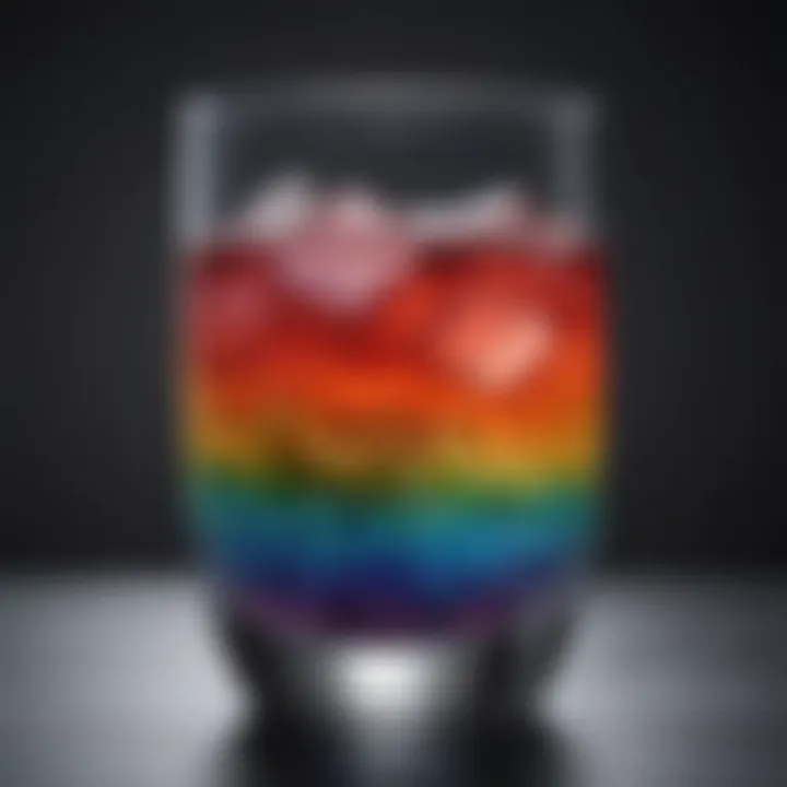 A close-up of a glass filled with a colorful probiotic beverage