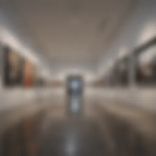 Interior view of a contemporary art gallery showcasing modern artworks.