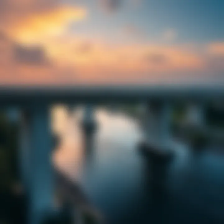 An aerial view of a bridge supported by concrete pylons over a river
