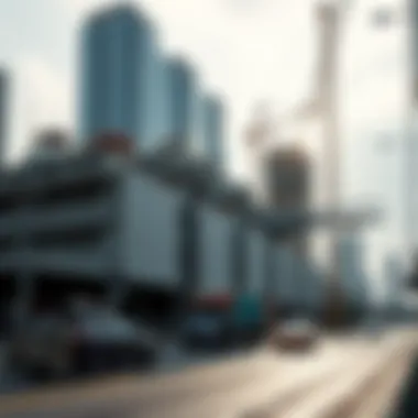 A construction scene featuring the erection of concrete pylons in an urban environment