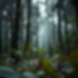 A close-up view of a forest suffering from acid rain damage, showcasing discolored leaves and weakened trees.