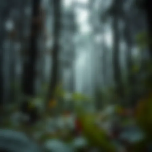 A close-up view of a forest suffering from acid rain damage, showcasing discolored leaves and weakened trees.
