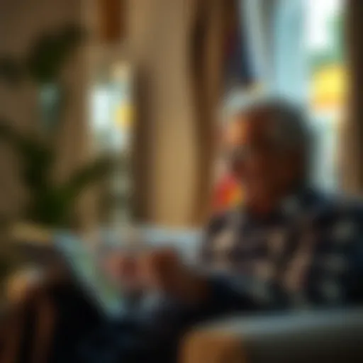 Elderly individual using a tablet to connect with family
