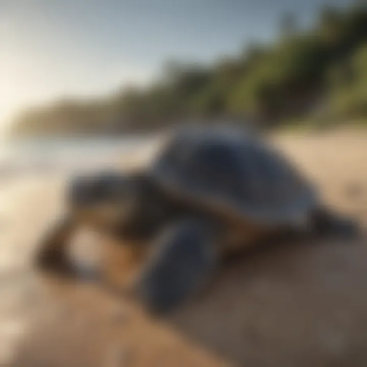 A serene view of a sea turtle nesting on a beach