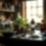 An ancient herbalist's workspace filled with dried herbs and tinctures