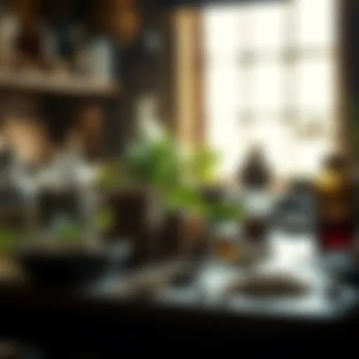 An ancient herbalist's workspace filled with dried herbs and tinctures
