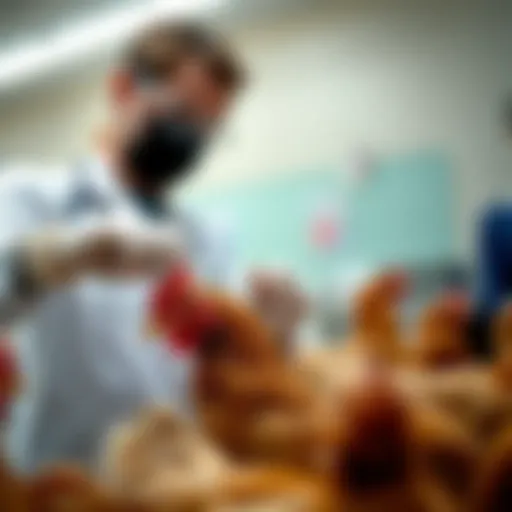 Poultry vaccination demonstration showcasing a veterinarian administering an avian influenza vaccine to chickens.