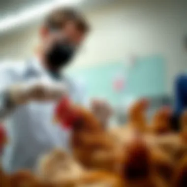 Veterinary Vaccination in Poultry Poultry vaccination demonstration showcasing a veterinarian administering an avian influenza vaccine to chickens.