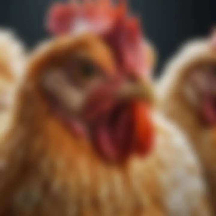 Close-up of a hybrid chicken highlighting its unique plumage and features.