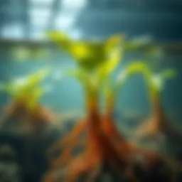 Aquatic plant roots developing in clear water