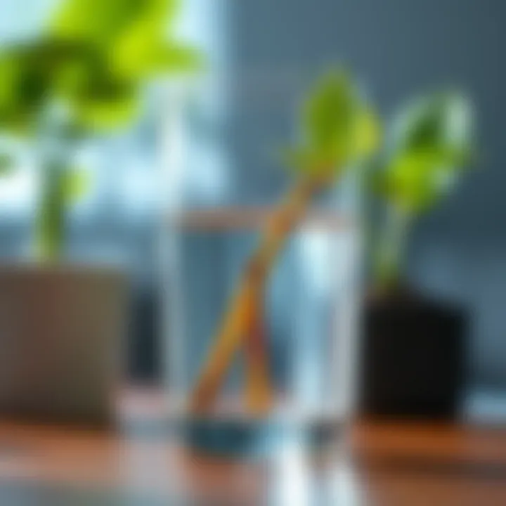 Close-up of a stem cutting in a glass of water