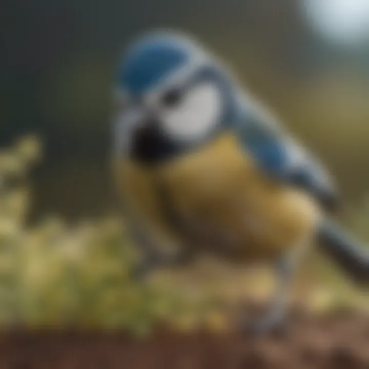 A close-up view of a blue tit feeding on seeds, highlighting its intricate feather patterns.