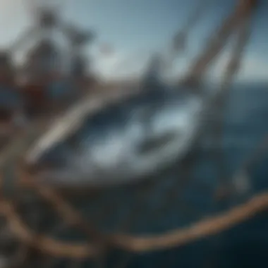 The Impact of Overfishing on Tuna Populations A stark visual representation of overfishing, with empty nets and neglected fishing gear.