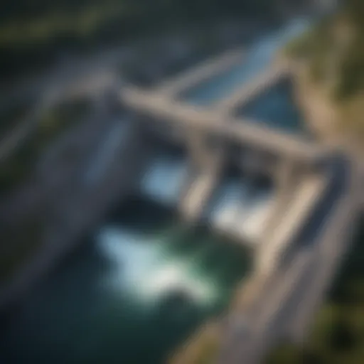 An aerial view of a modern hydroelectric dam showcasing its impressive infrastructure.