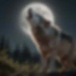 A gray wolf howling under a full moon
