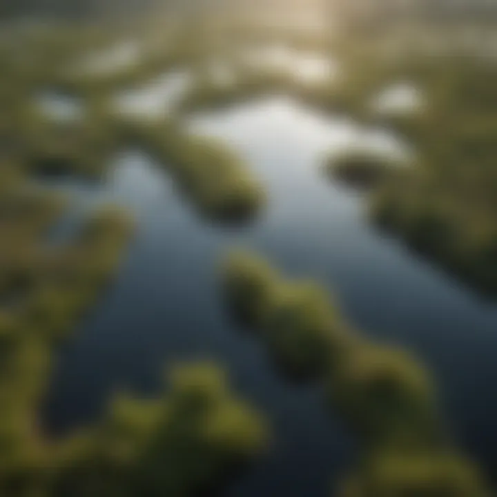 An aerial view of a wetland landscape showcasing its expanse and beauty.