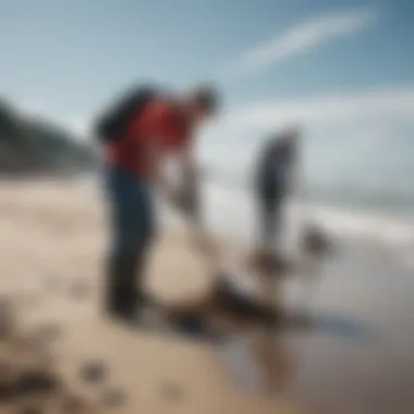 A group of volunteers cleaning up a beach, emphasizing community action.