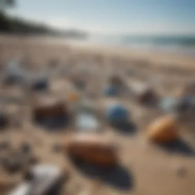 Impact of Marine Pollution on Coastal Areas A close-up view of marine debris on a beach, highlighting the impact of pollution.