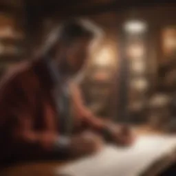 A thoughtful editor reviewing manuscripts