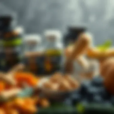 Close-up of protein supplements and natural foods