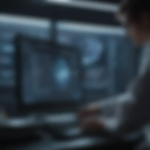 A researcher analyzing data on a computer screen in a lab.