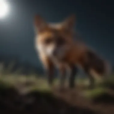 A nocturnal mammal, such as a fox, poised under the moonlight, highlighting its role as a bat predator.