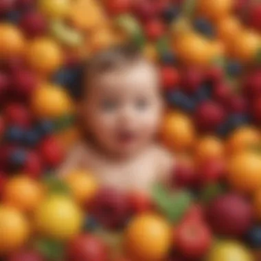 Infant surrounded by vibrant fruits high in vitamin C