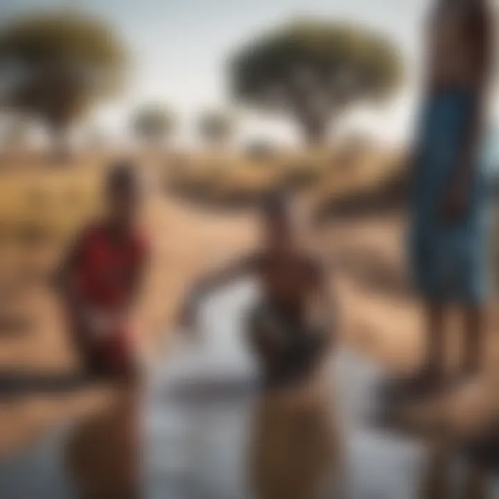 Children gathering water from a scarce water source.