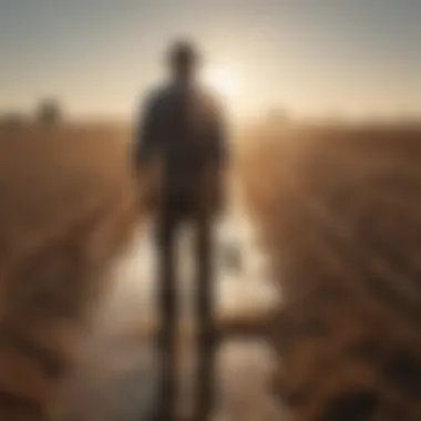 A farmer struggling with dry crops in an agricultural field.